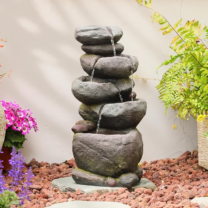 27.8" H Outdoor Water Fountain with LED Lights, 5-Tier Cascading Stone Waterfall Fountain, Natural Rock Resin Outdoor Water Fountain for Garden Patio Backyard Porch Indoor Decor