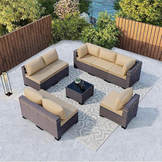 Kullavik 9 Pieces Outdoor Patio Furniture Set,Outdoor Sectional Rattan Sofa Set Brown PE Rattan Wicker Patio Conversation Set with Tempered Glass Coffee Table and Washable Cushions Covers,Sand