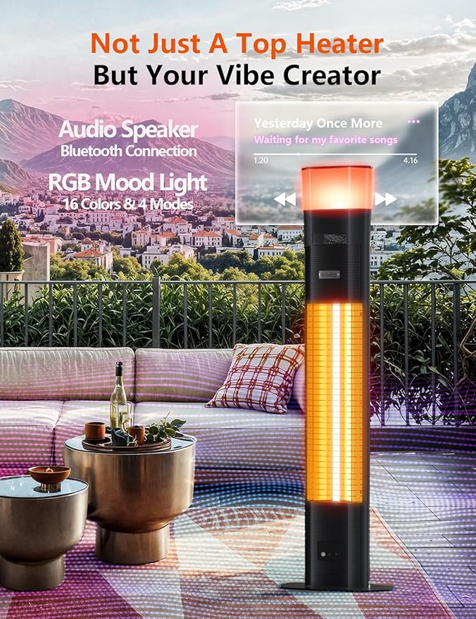 Outdoor Electric Patio Heater, 3-in-1 Heater with Audio Speaker & RGB Light, 1500W Infrared Tower Standing, 43-inch, IP65 Water & Snow Proof for Patio, Deck, Garage & Sunroom, Aluminum Unibody Design