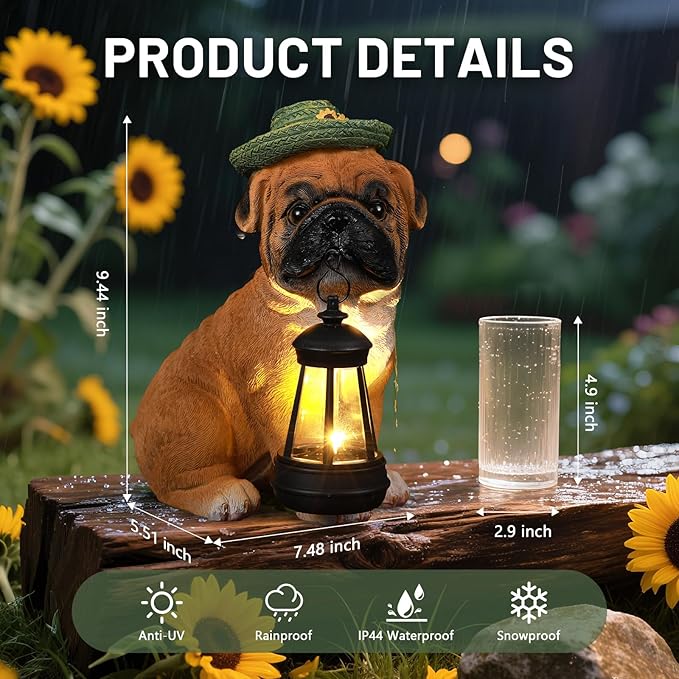 Solar Dog Outdoor Garden Statue with Lantern, French Bulldog Figurine with LED Lights, Lawn Decor for Patio, Yard Ornament, Unique Valentine's Day Birthday Gift for Women Mom Gardener