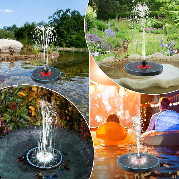 Solar Fountain Upgrade, 3.5W Solar Birdbath Fountains with White Lights, Glass Panel, 2200mAh Battery, Hummingbird Water Fountains with 8 Spray Modes & 4 Fixed Pipes for Garden, Pool, Pond