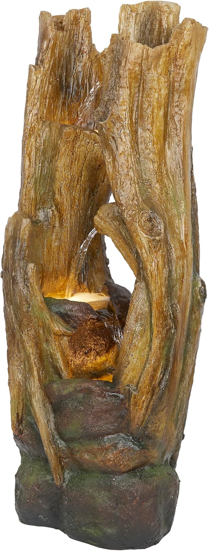 Alpine Corporation 39" Tall Cascading Tree Trunks Waterfall Fountain with LED Lights, Outdoor Floor Water Feature with Rustic Natural Wood Look, Garden, Patio, Lawn & Backyard Decor, Brown