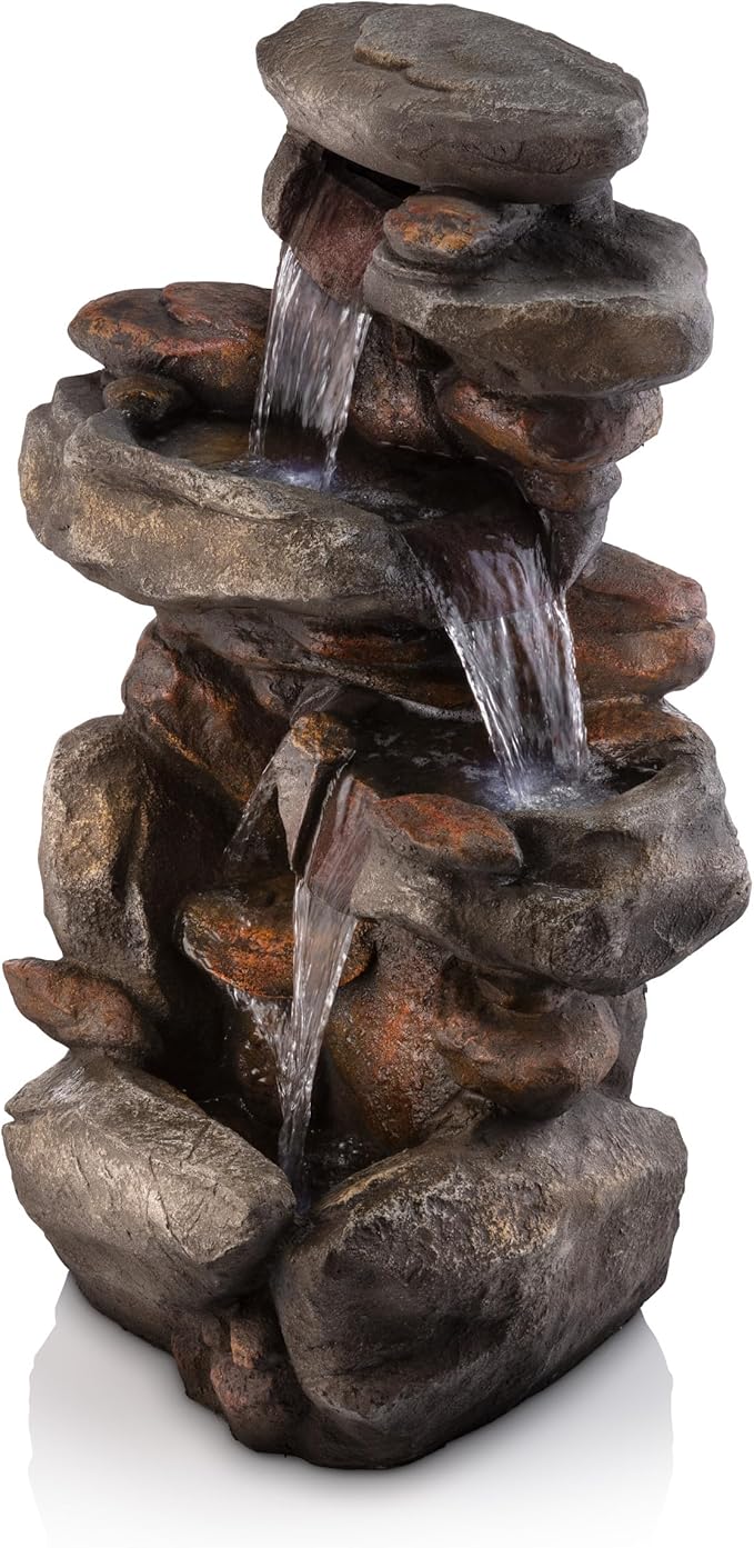 Alpine Corporation | 40" 4-Tier Rock Floor Fountain with Cascading Water & White LED Lights, Tranquil Outdoor Water Feature for Garden, Patio, Yard & Deck, Light Gray