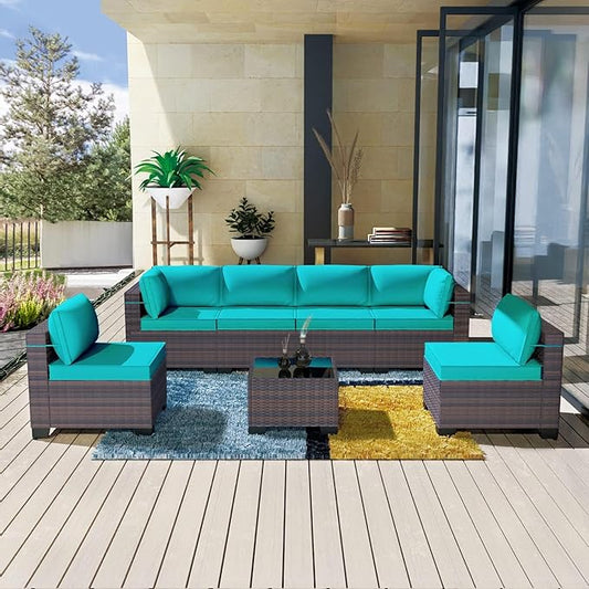 Kullavik 7 Pieces Outdoor Patio Furniture Set,Sectional Rattan Sofa Set Brown PE Rattan Wicker Patio Conversation Set with Tempered Glass Coffee Table and Washable Cushions Covers,Turquoise Blue