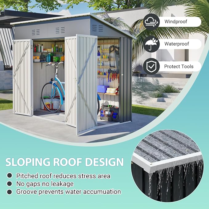 YOPTO 4x8 FT Outdoor Storage Shed,Slope Roof Storage Metal Garden Shed Steel with Reinforced Beams,All Weather Waterproof Garden Tool House W/Lockable Door & 4 Air Vents,for Backyard,Patio,Lawn,Grey - Image 13