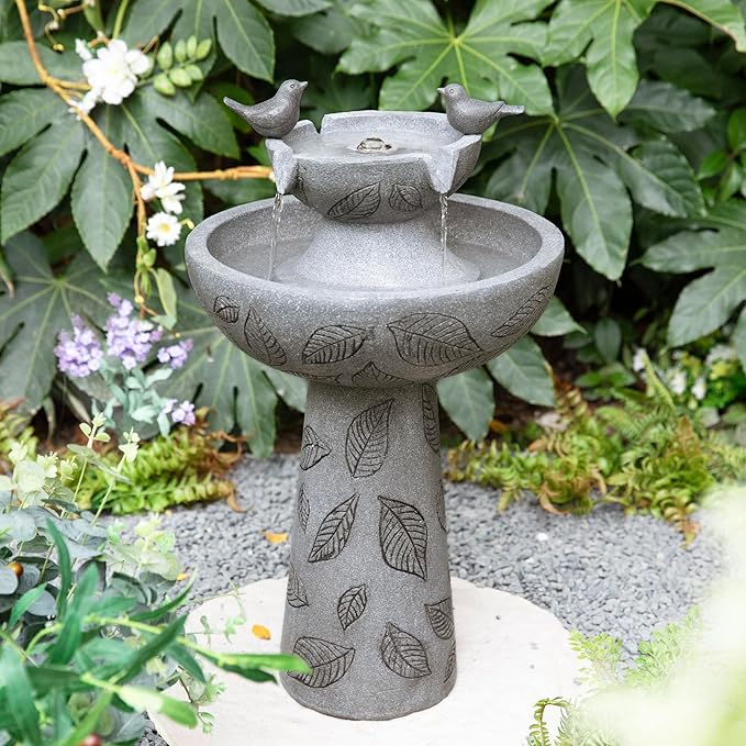 Glitzhome Outdoor Water Fountain with Lights & Pump, 26" H 2-Tiered Polyresin Bird Bath Fountain Floor-Standing Water Feature Waterfall Fountain for Garden, Yard, Patio, Home Decor