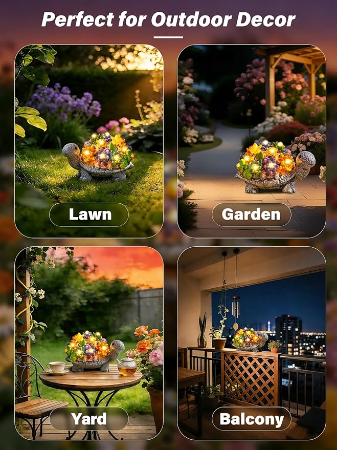 Solar Garden Statues, Outdoor Solar Turtle Decor with Succulent and 8 LED Lights, Outside Yard Figurine Decor for Garden, Lawn, Patio, Balcony, Porch, Unique Gifts for Mom Grandma