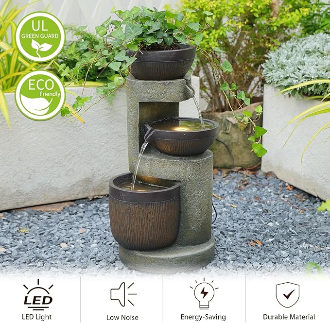 3-Tier Natural Bowl Cascading Garden Water Fountain with LED Lights - Water Fountain Outdoor Indoor Decor for Garden, Patio, Deck, Porch and Office Living Room Home Art Decor 10"x9"x20"