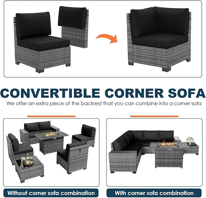7 Piece Patio Furniture Set with Fire Pit Table, Outdoor Sectional Conversation Sets Wicker Rattan Sectional Sofa with Coffee Table for Patio Garden Backyard, 4'' Thickened Cushion Black