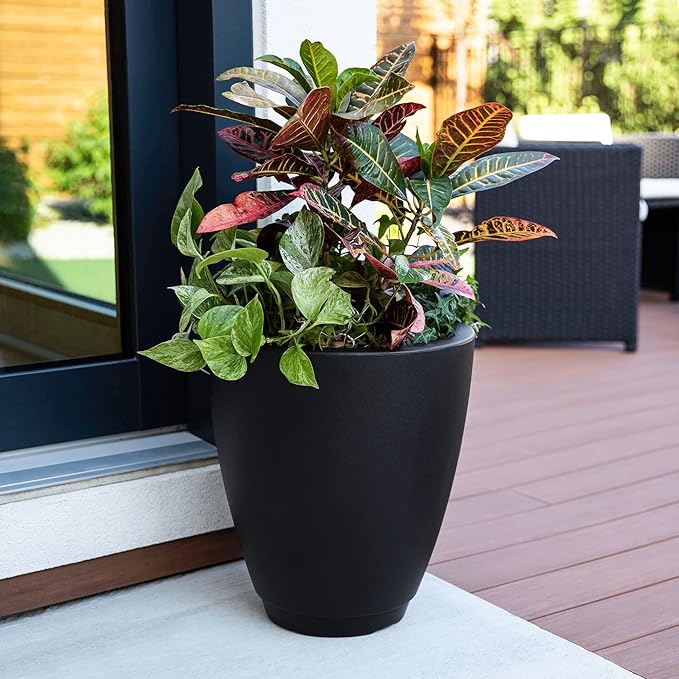 Mayne Caprio 18in Tall Planter - Black - 16in L x 16in W x 18in H - Built-in Water Reservoir - Double Wall Planter (5905-B)