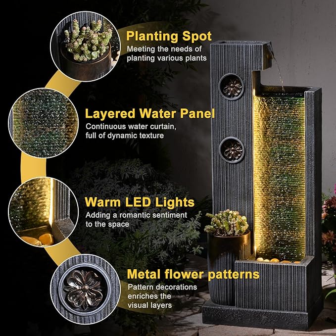 37" H Modern Indoor Water Fountains - Rectangular Outdoor Waterfall Fountain with LED Lights and Pump and Sculpted Flowers for Office, Living Room, Bedroom, Garden and Home Art Decor