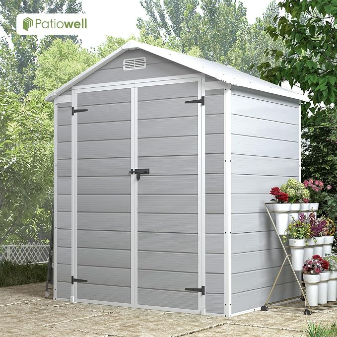 Patiowell 6x4 FT Resin Outdoor Storage Shed with Floor, Plastic Storage Shed with Lockable Door, Outside Shed Perfect to Store Patio Furniture, GardenTools Bike Accessories, Lawn Mower, Light Gray - Image 5