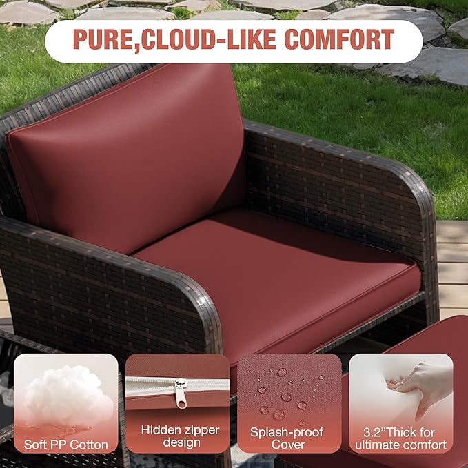 LEVELEVE Patio Conversation Set 5 Piece, Balcony Furniture Outdoor PE Rattan Wicker Lounge Chairs with Soft Cushions, 2 Ottomans & Glass Table for Porch Lawn, Brown (Wine Red Cushions