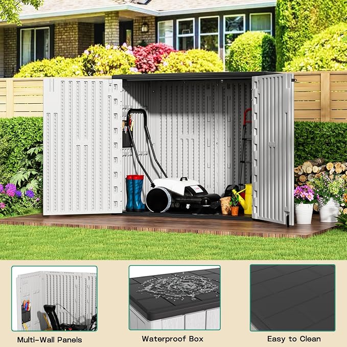 KINYING Outdoor Horizontal Storage Sheds,37 Cu.ft Outdoor Storage Cabinet Waterproof Resin Tool Storage Box for Lawn Mower,Garden Tools and Patio Furniture, Lockable (Grey) - Image 3