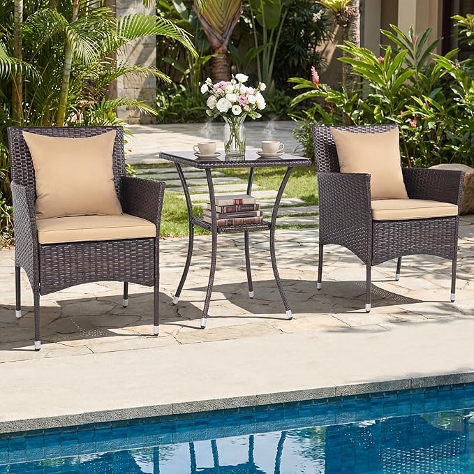 Tangkula 3 Pieces Patio Wicker Bistro Set, 2 Rattan Chairs w/ 2-Tier Tempered Glass Table, Outdoor Conversation Furniture Set with Cushions for Backyard, Porch, Poolside (Mix Brown+Beige)