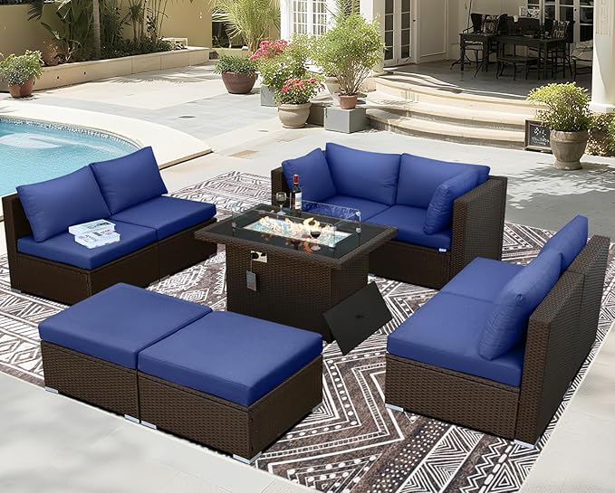 BULEXYARD 9 Piece Highback Patio Furniture Set with Fire Pit Table, Modern Modular Outdoor Sectional Couch Sofa with Ottoman, XL 8-Person Backyard Seating for Outside, Brown Wicker & Navy Blue Cushion
