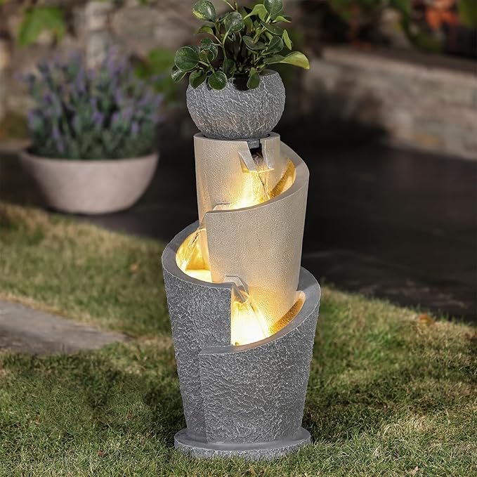 LuxenHome Outdoor Water Fountain, 27 Inch Resin Cascading Water Fountains Indoor with LED Lights, Modern Garden Decor, Small Waterfall Fountain, Outdoor Fountains and Waterfalls