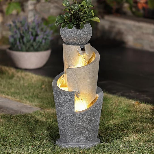 LuxenHome Outdoor Water Fountain, 27 Inch Resin Cascading Water Fountains Indoor with LED Lights, Modern Garden Decor, Small Waterfall Fountain, Outdoor Fountains and Waterfalls