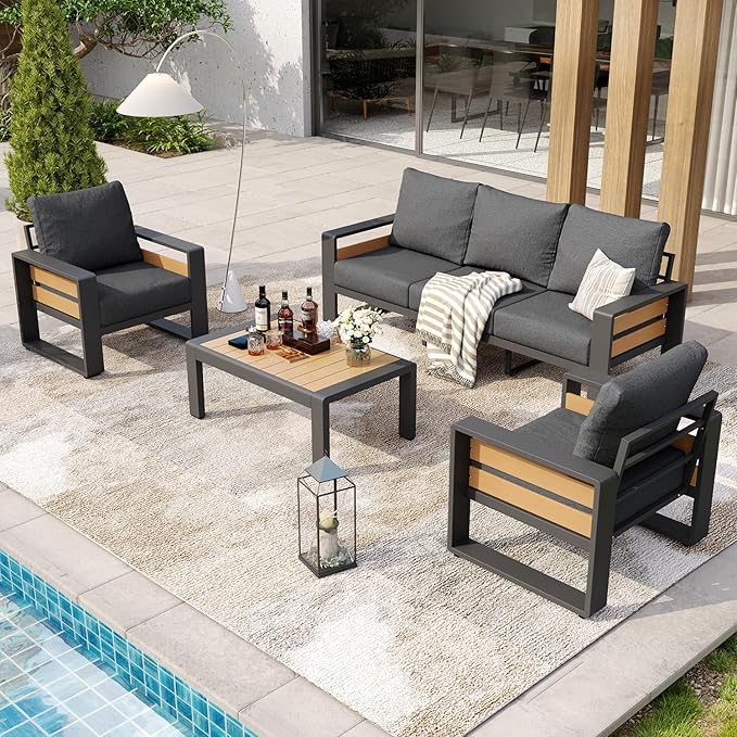 Aoxun Aluminum Patio Furniture Set, 5 Seats Luxury Outdoor Sectional with 6" Olefin Fabric Cushions, Patio Conversation Sets with Coffee Table Outdoor Sofas for Backyard, Deck, Dark Grey