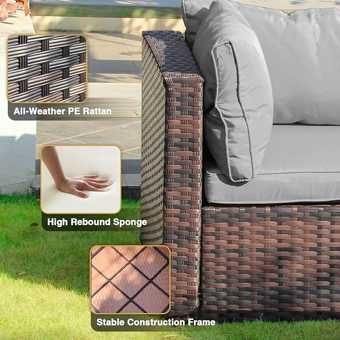 11 Piece Patio Furniture Set All Weather PE Rattan Outdoor Sectional Sofa Couch with No-Slip Cushions and Glass Top Table for Garden, Poolside, Backyard (Gray)