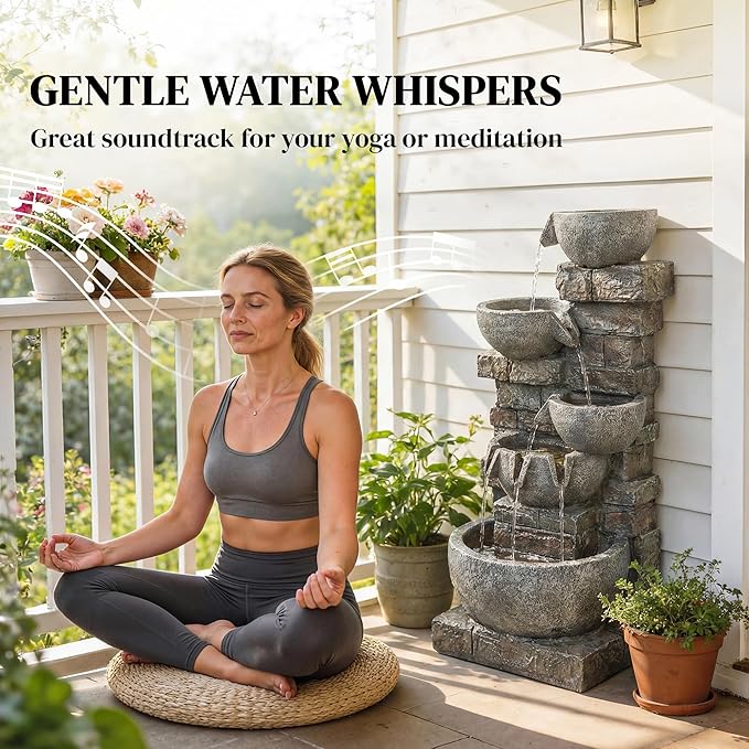 Outsunny 31.5" Tall 5 Tiers Outdoor Water Fountain, Waterfall Fountain with Warm LED Lights, Outdoor Cascading Water Feature for Garden Patio Backyard Porch Home Decor, Stone Gray