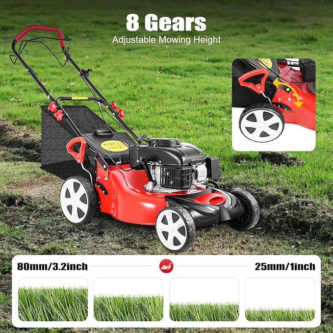 21Inch Self Propelled Gas Lawn Mower, 4-Stroke 140CC Rear Wheel Drive Variable Speed Lawnmower Walk Behind Handle Lawn Mower with 60L Capacity Bag, 4KW 2800RPM 8-Position Height Adjustable - Image 5