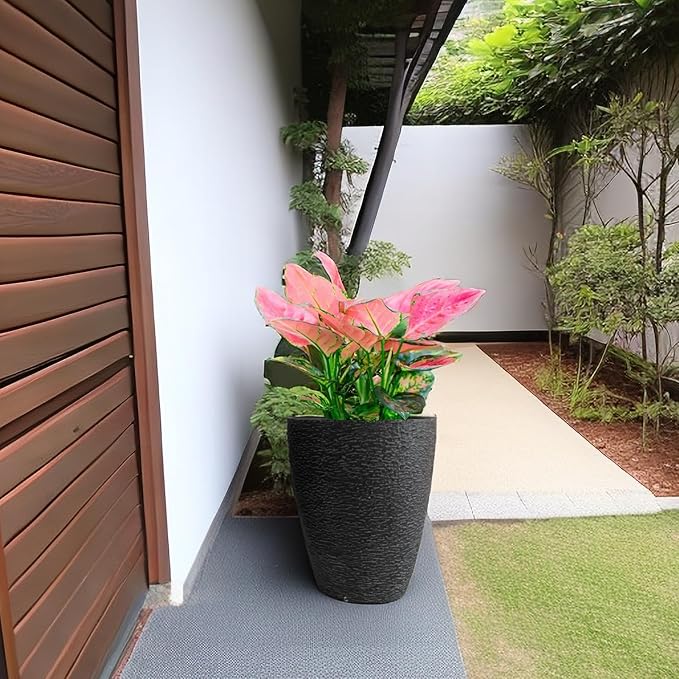 10 inch Garden Planter Lightweight Indoor Outdoor Pots with Drainage Hole for Potted Plants Flowers Greenery, Set of 2 (Black Grain Texture)