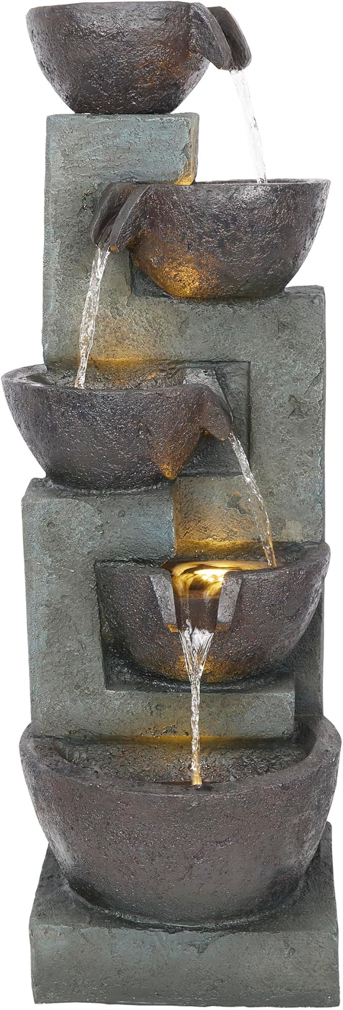Alpine Corporation 39" Tall 5-Tier Bowls Waterfall Fountain with LED Lights, Elegant Outdoor Water Feature for Garden, Patio, Yard, Gray
