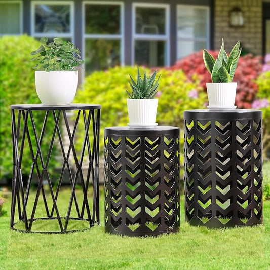Y&M Set of 3 Metal Round Coffee Accent Table, Side Table End Table for Indoor Outdoor Multifunctional Use,Heavy Duty Metal Plant Stand Decorative Garden Stool- Black(Ship from US) by YM