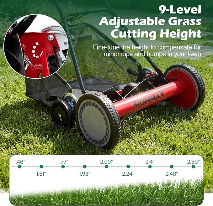 IRONMAX 18 Inch 5-Blade Push Reel Lawn Mower, 9-Level Adjustable Cutting Heights, Removable Grass Catcher, Lightweight No Motor Walk-Behind Manual Grass Cutter for Garden Yard Park (Red, 18 Inch) - Image 5