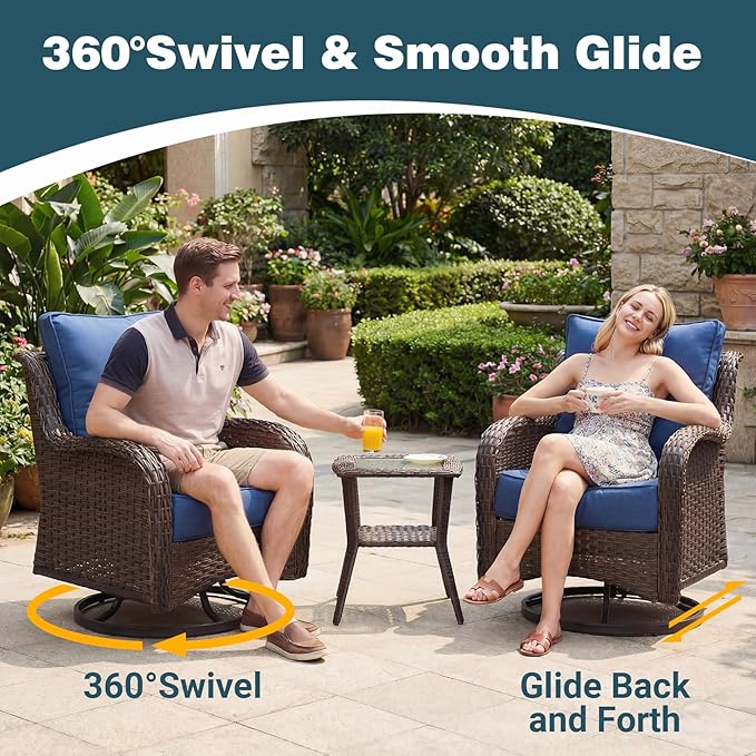 Patio Furniture Set, 10PCS Outdoor Wicker Conversation Set with 6" Thick Cushions, High Back Rattan Sofa & Swivel Rocker Chairs, Weather Resistant Olefin Fabric for Garden, Poolside, Navy Blue