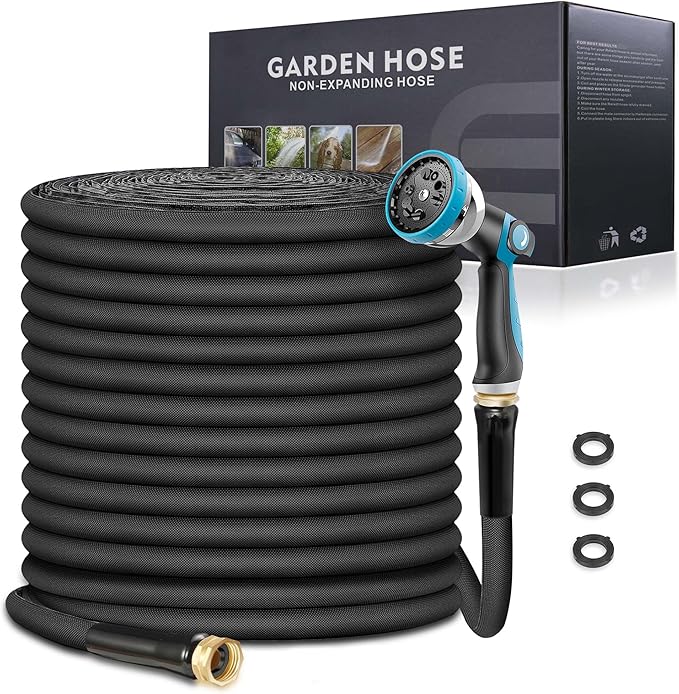 Non-Expandable Garden Hose 75feet, Flexible Water Hose with 10 Function Hose Nozzle, Lightweight, Tangle Free, Rust Proof for Yard (Black) by Relxitl