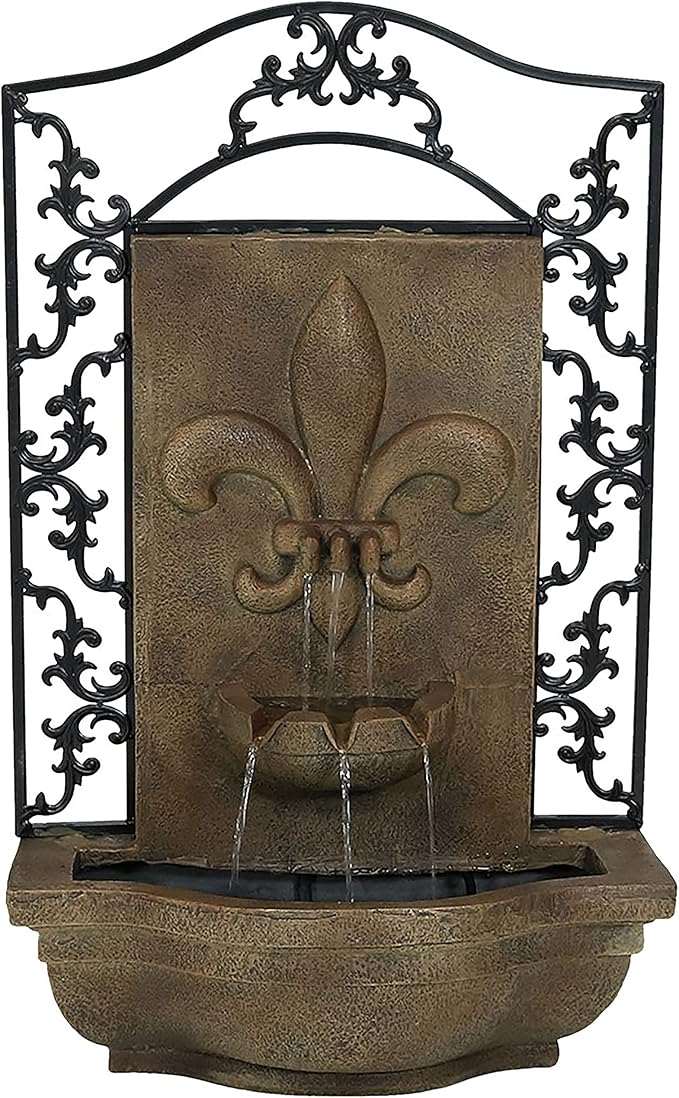 Sunnydaze 33" Outdoor Wall Water Fountain with Pump and Panel - Florentine Stone - French Lily - Solar/Battery-Powered