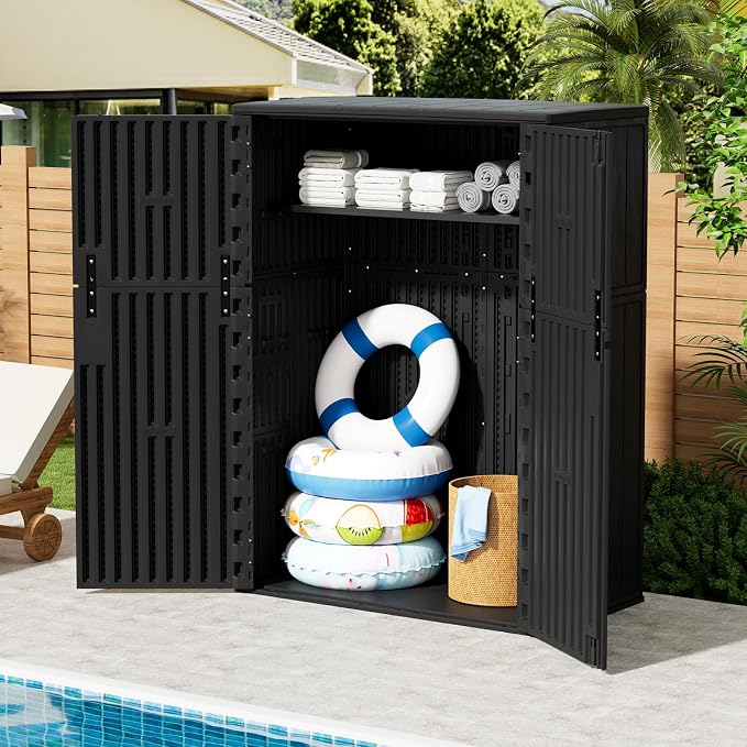 ZZM 57 Cu.ft Outdoor Storage Shed HDPE Storage Cabinet, Double-Wall Resin Sheds with Floor Vertical Lockable Sheds Garden Tools Trash Can, Lawn Mower, Patio Storage, Waterproof, All Black - Image 3