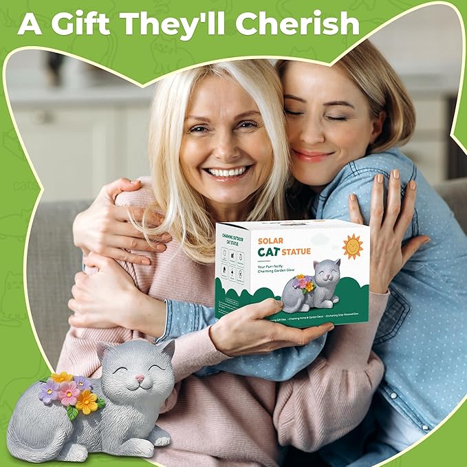 Solar Cat Garden Statue for Mom & Women, Unique Mom Gifts for Christmas, Cute Outdoor Yard Art & Patio Decorations for Grandma & Mother in Law