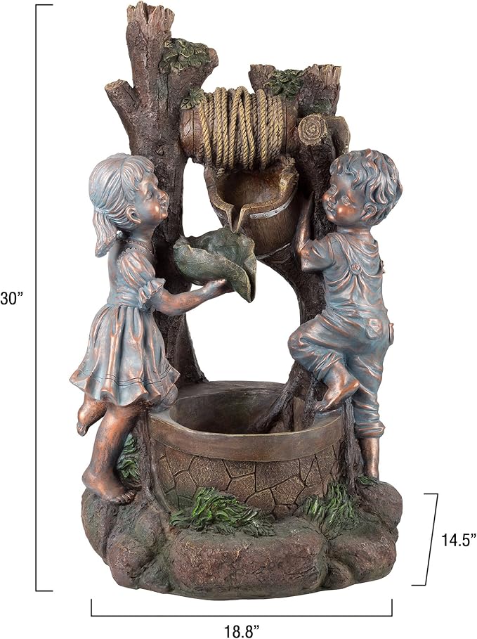 Boy and Girl Outdoor Water Fountain - Cascading Waterfall with Soothing Sounds and 4 LED Lights for Garden or Patio by Pure Garden (Antique Bronze)