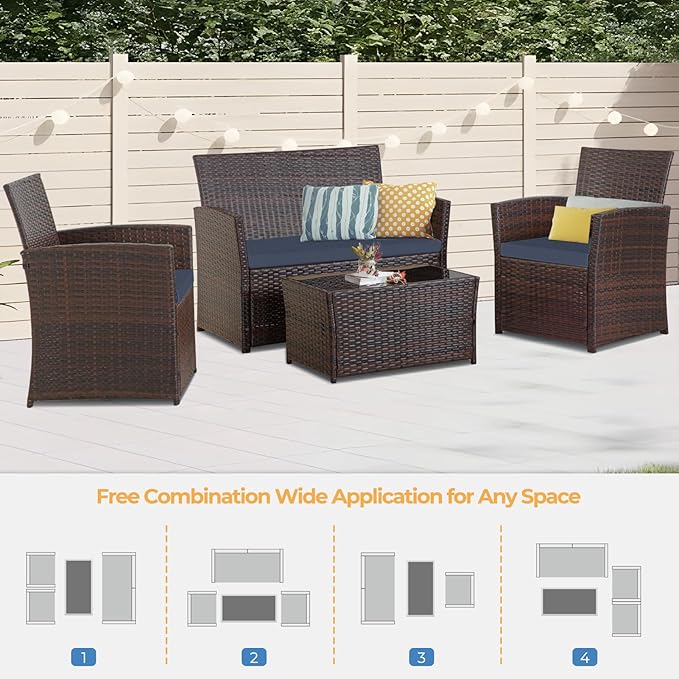 FHFO 4 Piece Outdoor Patio Furniture Sets, Patio Sectional Furniture Conversation Sofa Set, Rattan Table and Chairs and Loveseat with Cushions for Outside Balcony Porch Backyard (Brown-Blue)