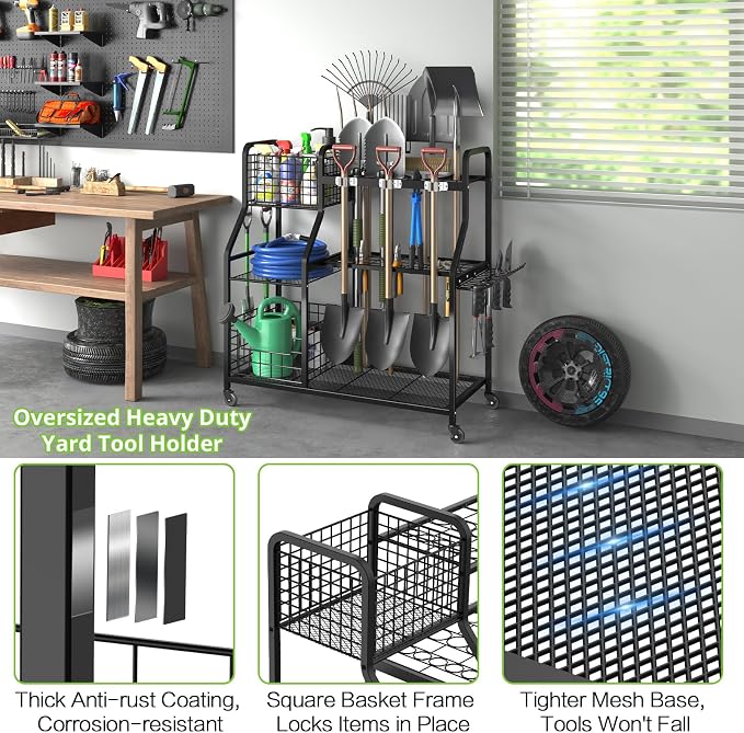 keomaisyto Garden Tool Organizer with Heavy Duty Wheels for Garage - with 2 Baskets, Large Yard Tool Organizer and Storage Holder, Utility Garden Tool Rack for/Shed/Garage/Yard/Basement/Lawn - Image 3