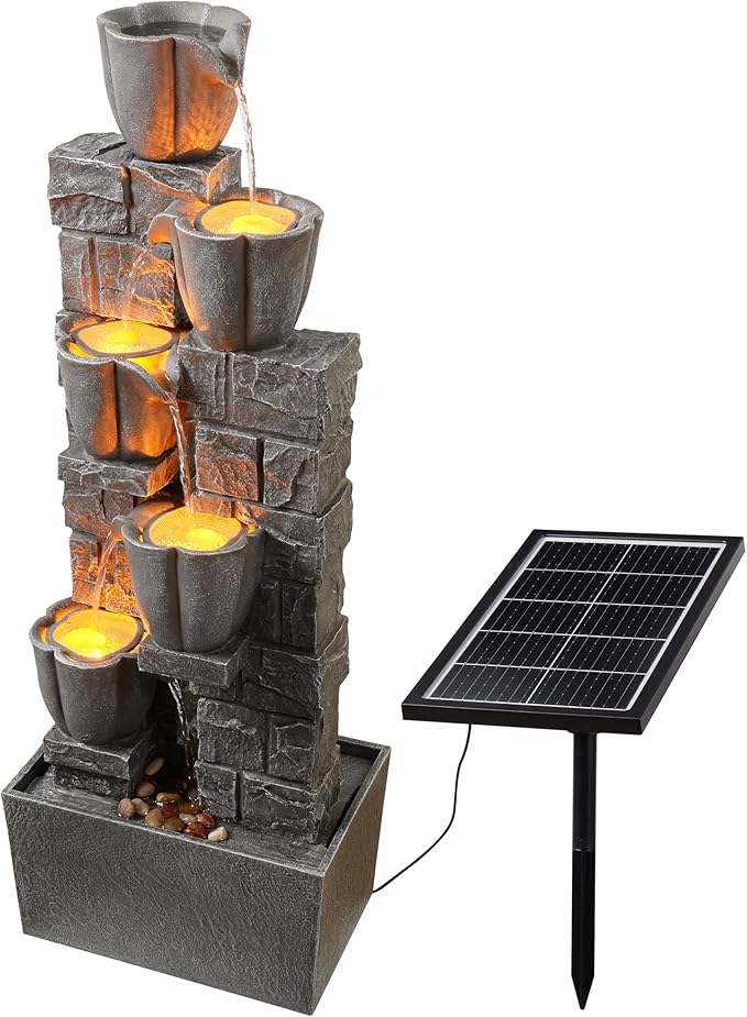 Solar Powered Water Fountain-36.2in.Tall Floor-Standing Outdoor Fountains with Tulip Design - Natural 4 Tiers Waterfall Water Feature for Outside Garden,Backyard,Lawn Decor,Grey