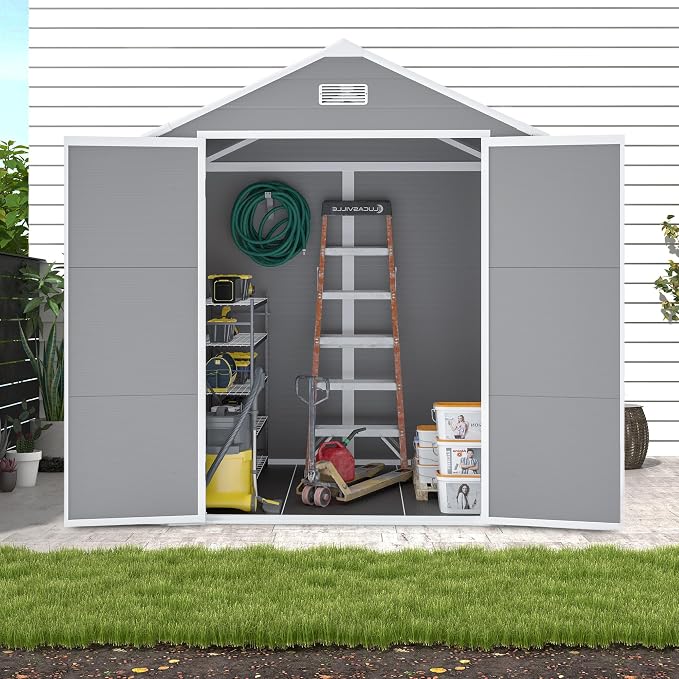 YOPTO 6x5 FT Resin Storage Shed,Garden House with Floor & Lockable Door,Waterproof Plastic Tool Sheds W/Slanting Roof Visual Window & Air Vents for Bicycles,Lawnmowers,Lawn,All Weather Use,Gray - Image 11