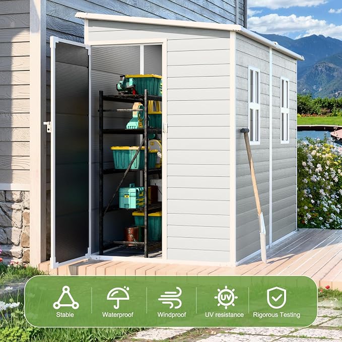 8x4x6 FT Resin Lean to Shed, Waterproof Outdoor Storage Shed with Floor, Window, Lockable Door & 2 Windows, Tool Shed for Patio Garden, Lawn, Backyard, Dove Grey - Image 4