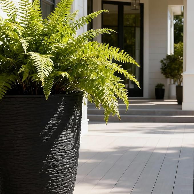 WORTH Garden 2-Pack 21" H. Black Tall Planters with Inside Pots - 14'' Dia Plastic Large Round Plant Tree Pots - Decorative Imitation Stone Finish for Indoor Outdoor Front Porch Container Patio