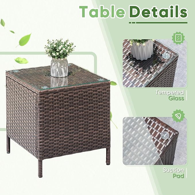 Greesum 3 Pieces Patio Dining PE Rattan Wicker Chair Furniture Set with Cushion and Glass Coffee Table for Outdoor Garden Backyard Poolside, Brown and Beige