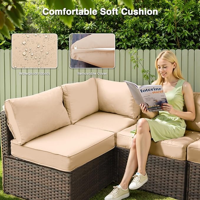 13 Piece Patio Furniture Set with Fire Pit Table All Weather PE Rattan Outdoor Sectional Sofa Couch with No-Slip Cushions for Garden, Poolside, Backyard (Beige)