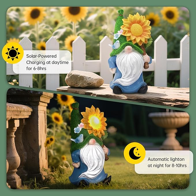 Solar Gnome Statue Outdoor Decor,Gnome Figurines with Glowing Sunflower LED Light Decoratons,for Garden Patio Yard Lawn Balcony,Housewarmng Christmas Fairytale Gifts for Women Mom Grandma