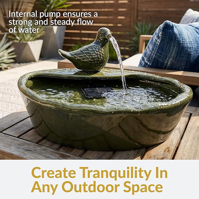 Sunnydaze Ceramic Solar-Powered Water Fountain - Green Glaze - Low-Voltage Submersible Pump with Filter - Dove
