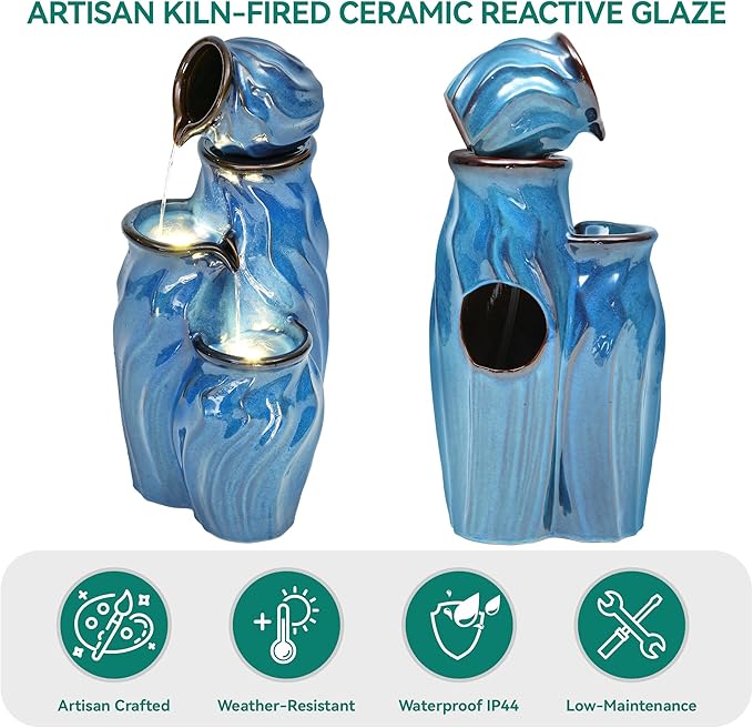 29" Outdoor Water Fountain, Ceramic Outdoor Fountain, Stacked 4-Tier Pots Waterfalls for Garden, Patio, Yard, or Porch Decor, Creating Relaxing Serene Oasis, Dynamic Wave-Texture, Turquoise
