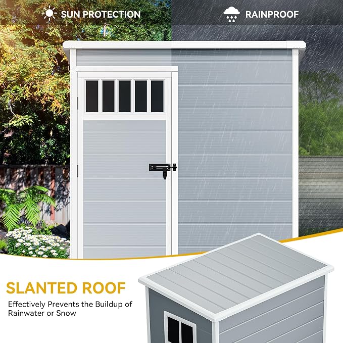DWVO Outdoor Storage Shed, All-Weather Resin Plastic Storage Shed with Windows, Slanted Roof, Raised Floor, Capacity for Garden Tools & Equipment, Ideal for Backyard & Garden (Gray, 5X3FT) - Image 3