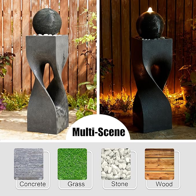 Glitzhome Modern Geometric Outdoor Water Fountain with LED Light, Oversized Pedestal Water Fountains with Submersible Pump, Sphere Floor Standing Fountain with Pebbles for Garden Patio Decor, 40.5”H