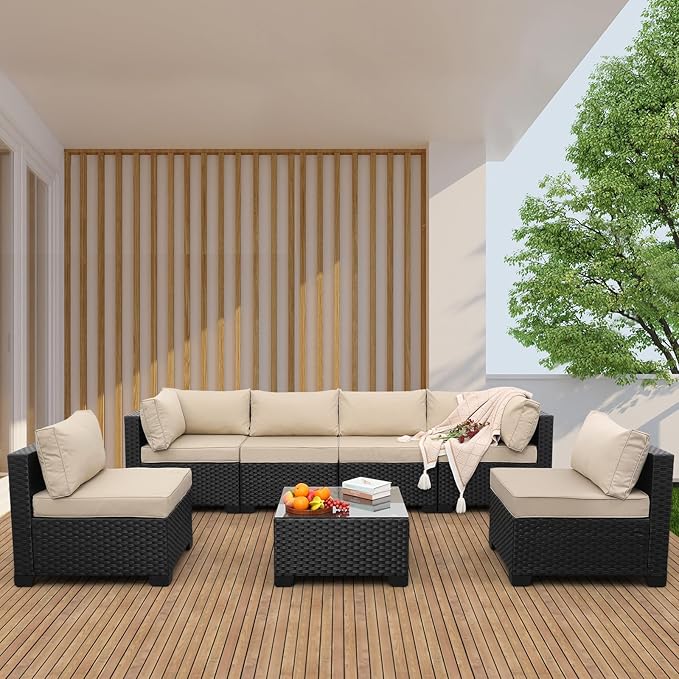 Valita 7 Pieces Outdoor Wicker Furniture Conversation Set Patio Sectional Sofa Set Glass Table with Non-Slip Cushions Furniture Cover, Khaki